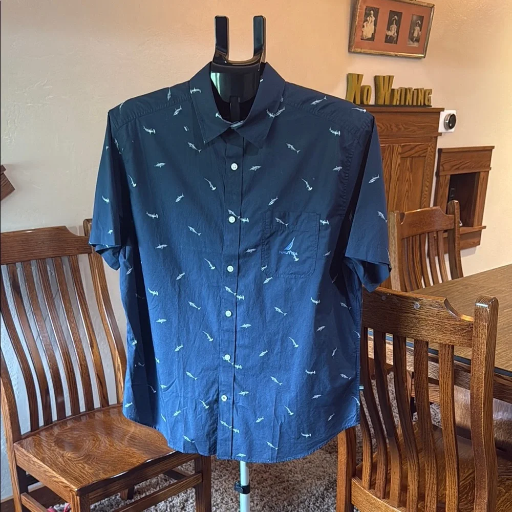Men's Navy Blue Shark Patterned Nautica Shirt - Discovery Shark Week - Picture 1 of 9